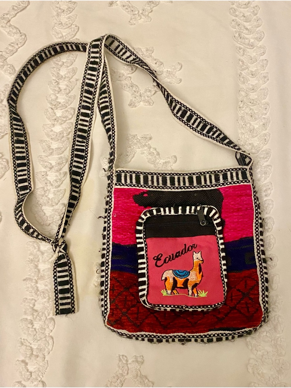 Vintage Handwoven Ecuador Crossbody Bag in Bright Pink with Llama Motif